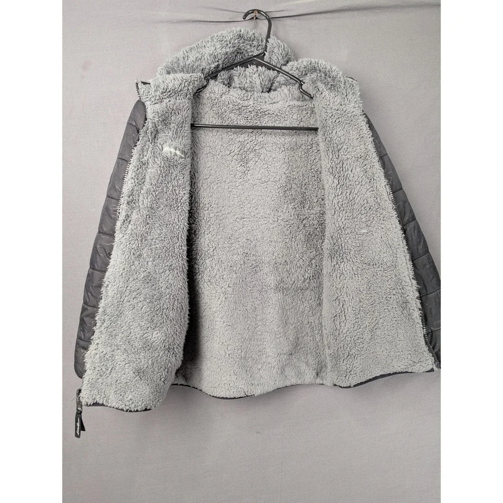Eddie Bauer Kids Reversible Puffer Jacket Gray Faux Fur Hooded M 10/12 9320W566